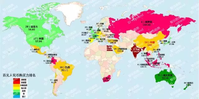 100人民币在33个国家分别值多少？